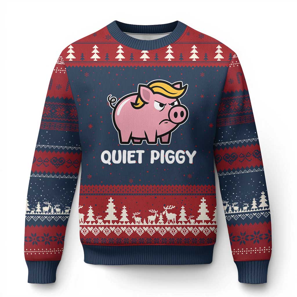 Quiet Piggy Funny Blonde Pig Ugly Christmas Sweater Political Satire Humor Free Speech Cute Cartoon TS02 Navy Red Print Your Wear