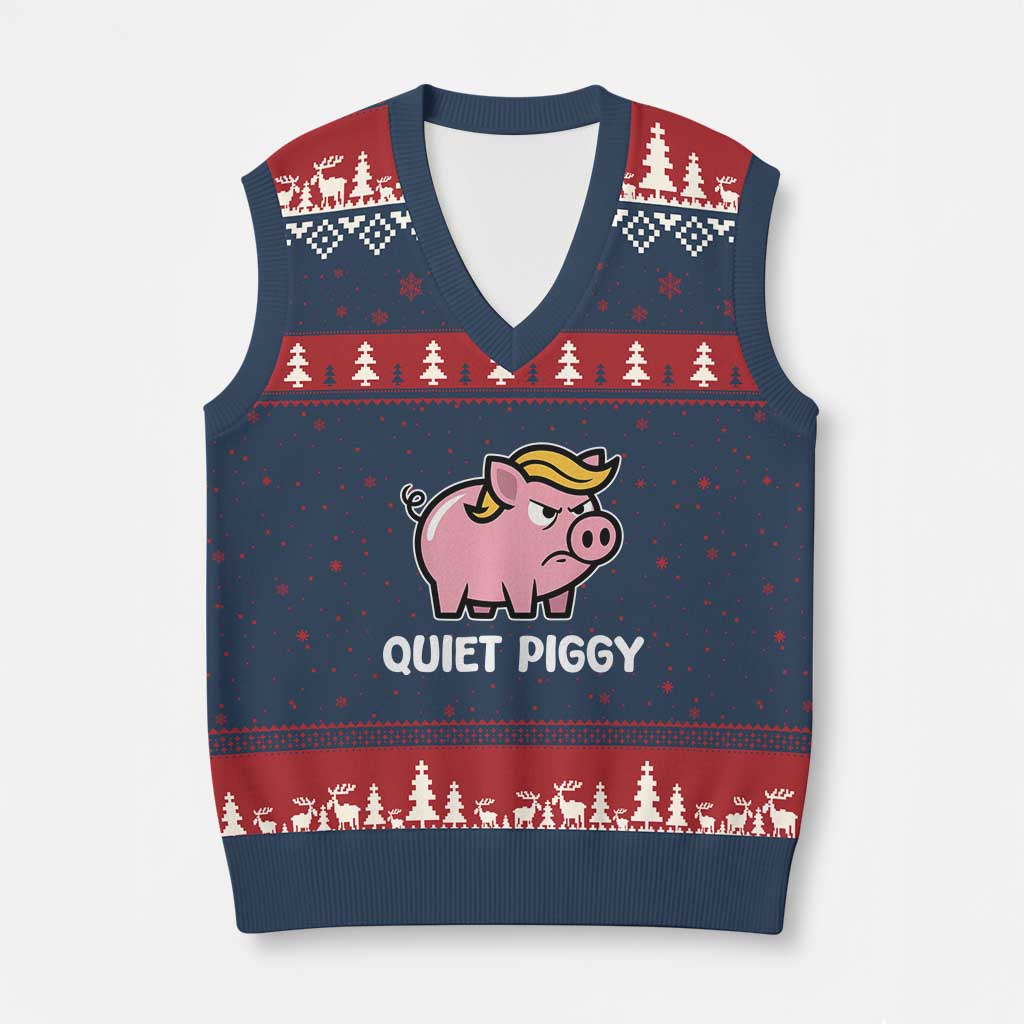 Quiet Piggy Funny Blonde Pig V-Neck Knit Sweater Vest Political Satire Humor Free Speech Cute Cartoon TS02 Navy Red Print Your Wear