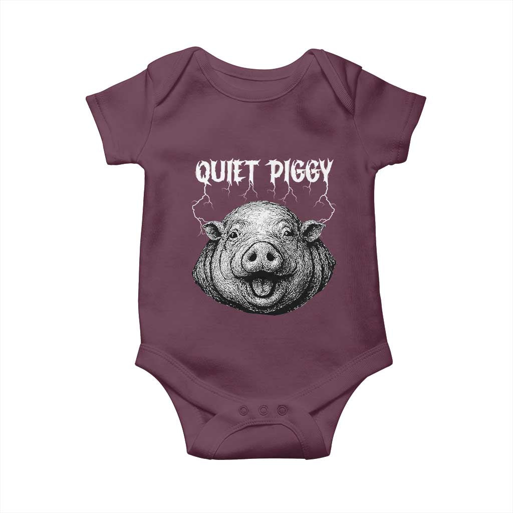 Quiet Piggy Metal Style Baby Onesie Dark Humor Pig Political Satire Humor Rock Aesthetic TS02 Maroon Print Your Wear