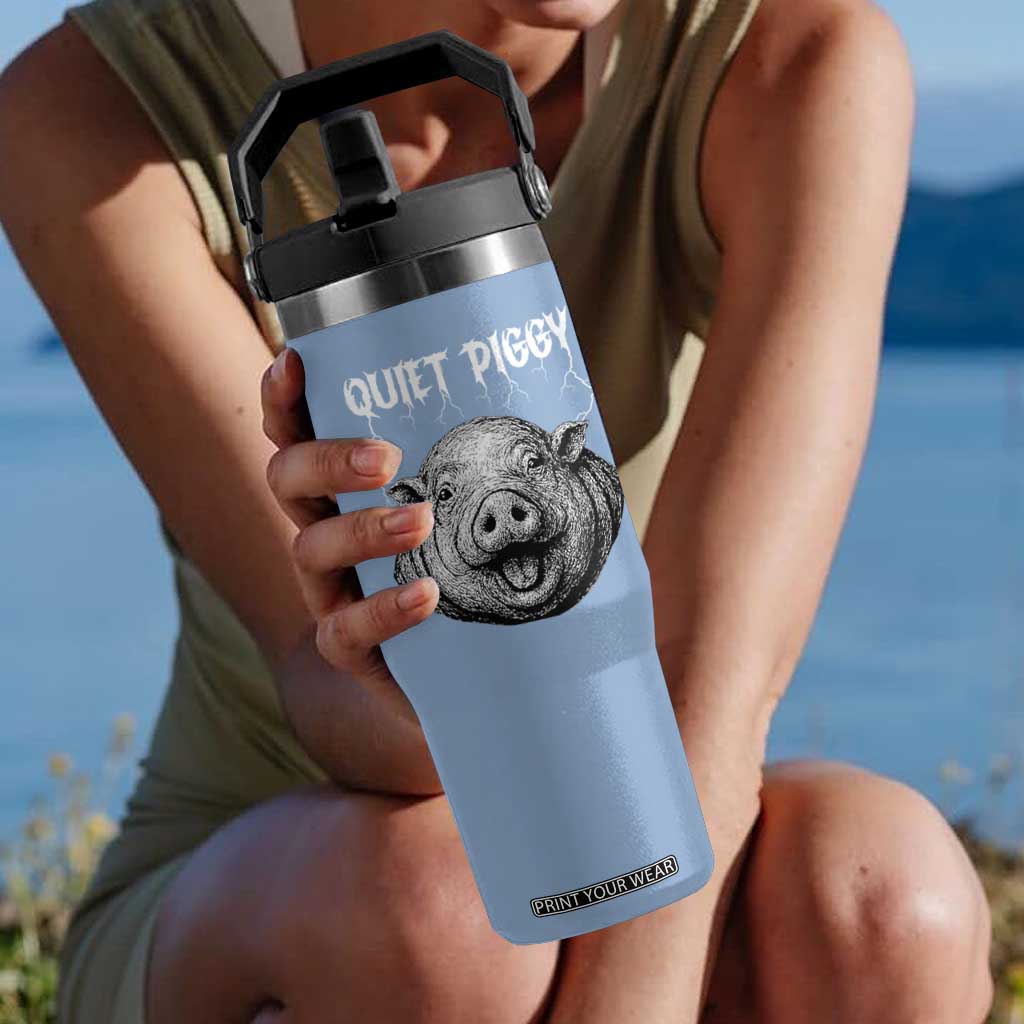 Quiet Piggy Metal Style Flip Straw Tumbler Dark Humor Pig Political Satire Humor Rock Aesthetic TS02 One Size: 30 oz Light Blue Print Your Wear