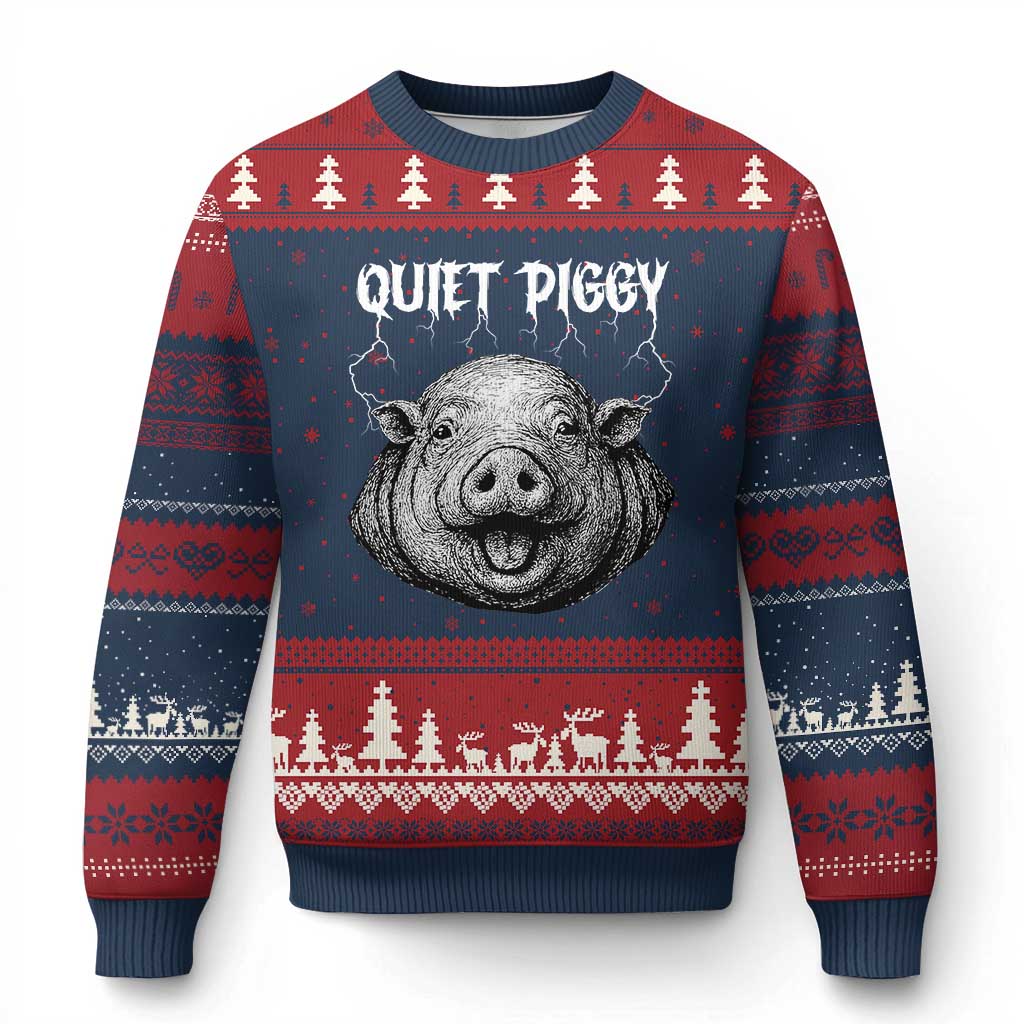 Quiet Piggy Metal Style Ugly Christmas Sweater Dark Humor Pig Political Satire Humor Rock Aesthetic TS02 Navy Red Print Your Wear