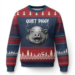 Quiet Piggy Metal Style Ugly Christmas Sweater Dark Humor Pig Political Satire Humor Rock Aesthetic TS02 Navy Red Print Your Wear