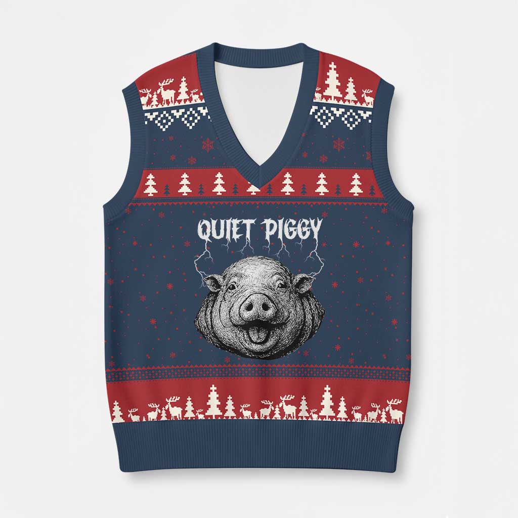 Quiet Piggy Metal Style V-Neck Knit Sweater Vest Dark Humor Pig Political Satire Humor Rock Aesthetic TS02 Navy Red Print Your Wear