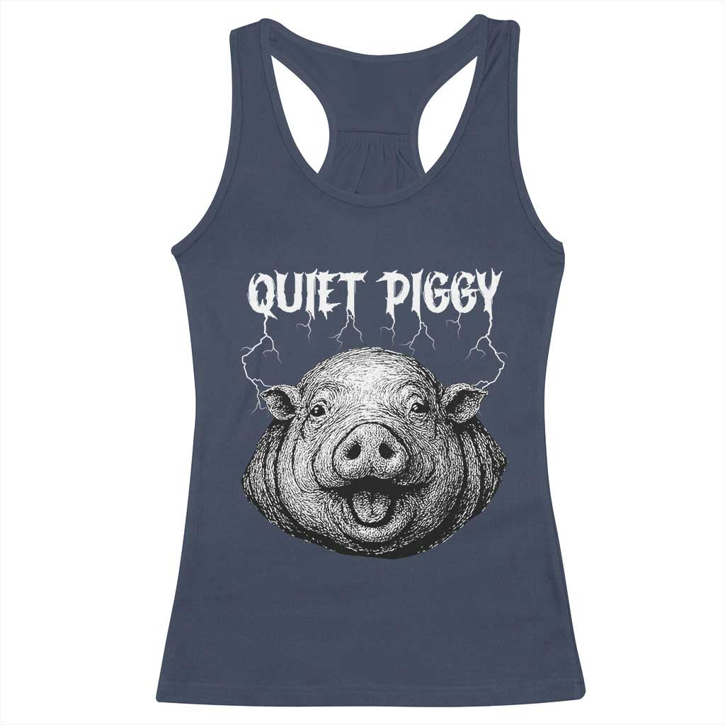 Quiet Piggy Metal Style Racerback Tank Top Dark Humor Pig Political Satire Humor Rock Aesthetic TS02 Navy Print Your Wear