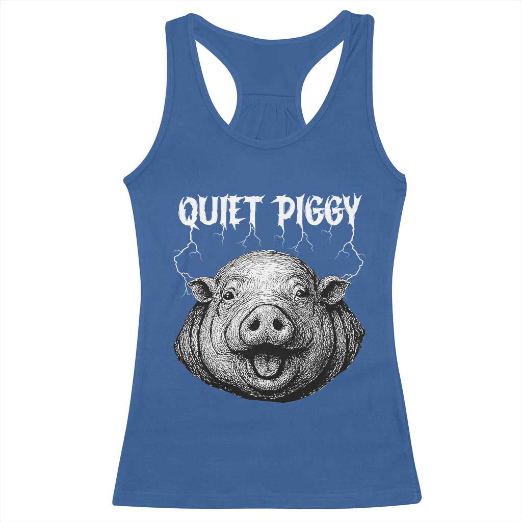 Quiet Piggy Metal Style Racerback Tank Top Dark Humor Pig Political Satire Humor Rock Aesthetic TS02 Royal Blue Print Your Wear