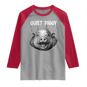 Quiet Piggy Metal Style Raglan Shirt Dark Humor Pig Political Satire Humor Rock Aesthetic TS02 Sport Gray Red Print Your Wear