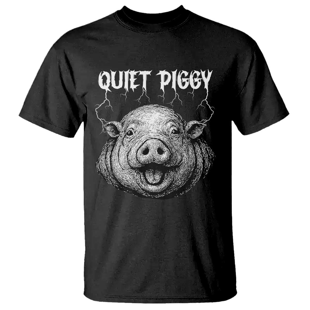 Quiet Piggy Metal Style T Shirt Dark Humor Pig Political Satire Humor Rock Aesthetic TS02 Black Print Your Wear