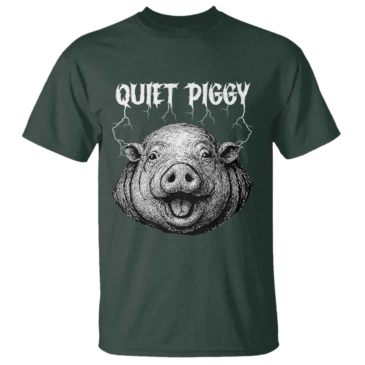 Quiet Piggy Metal Style T Shirt Dark Humor Pig Political Satire Humor Rock Aesthetic TS02 Dark Forest Green Print Your Wear