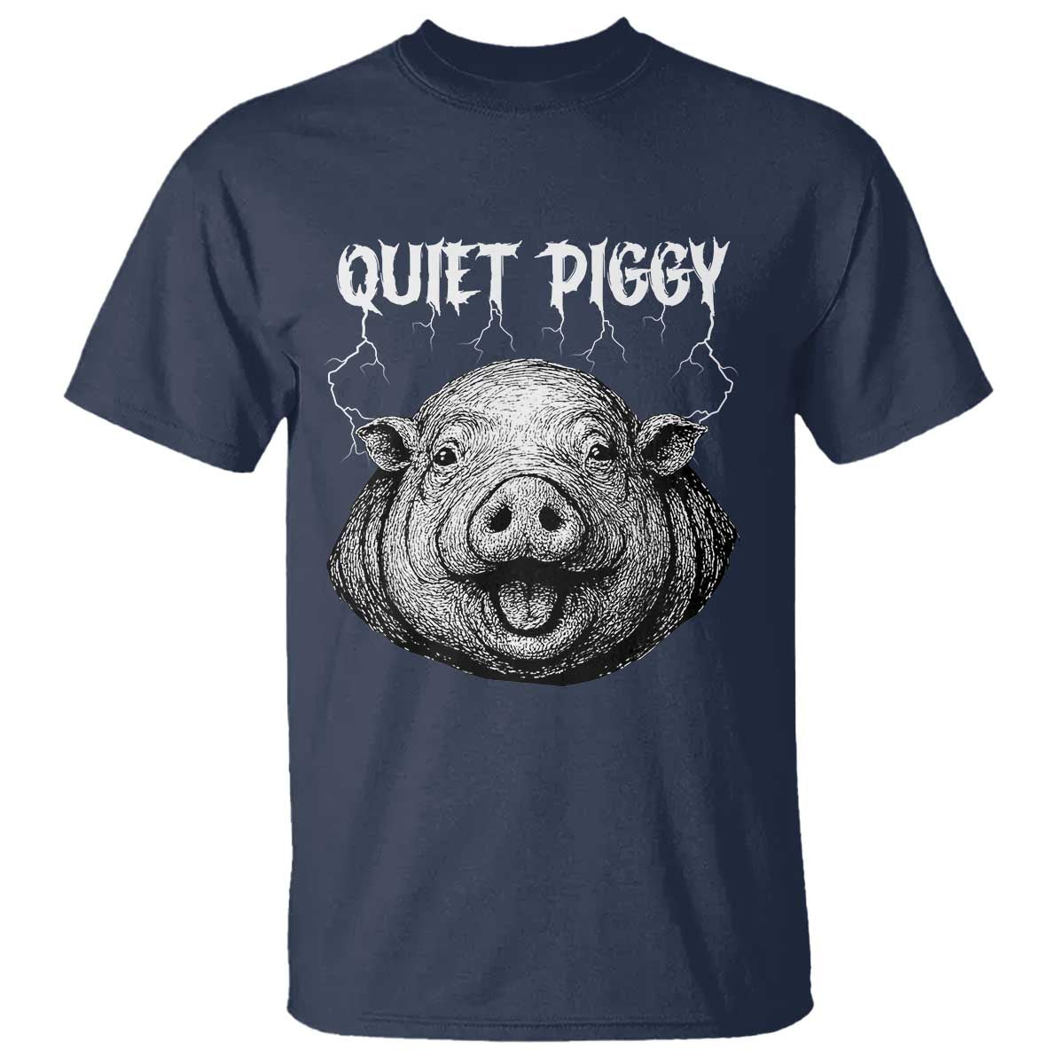 Quiet Piggy Metal Style T Shirt Dark Humor Pig Political Satire Humor Rock Aesthetic TS02 Navy Print Your Wear
