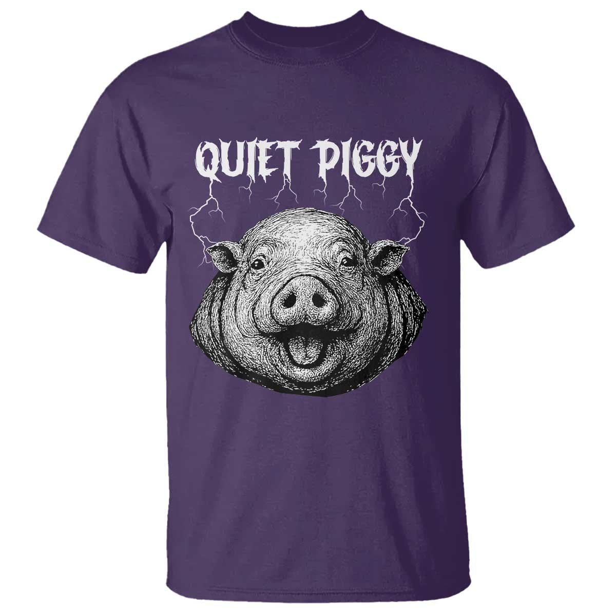 Quiet Piggy Metal Style T Shirt Dark Humor Pig Political Satire Humor Rock Aesthetic TS02 Purple Print Your Wear