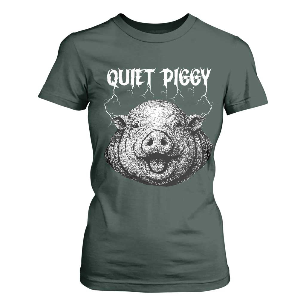Quiet Piggy Metal Style T Shirt For Women Dark Humor Pig Political Satire Humor Rock Aesthetic TS02 Dark Forest Green Print Your Wear