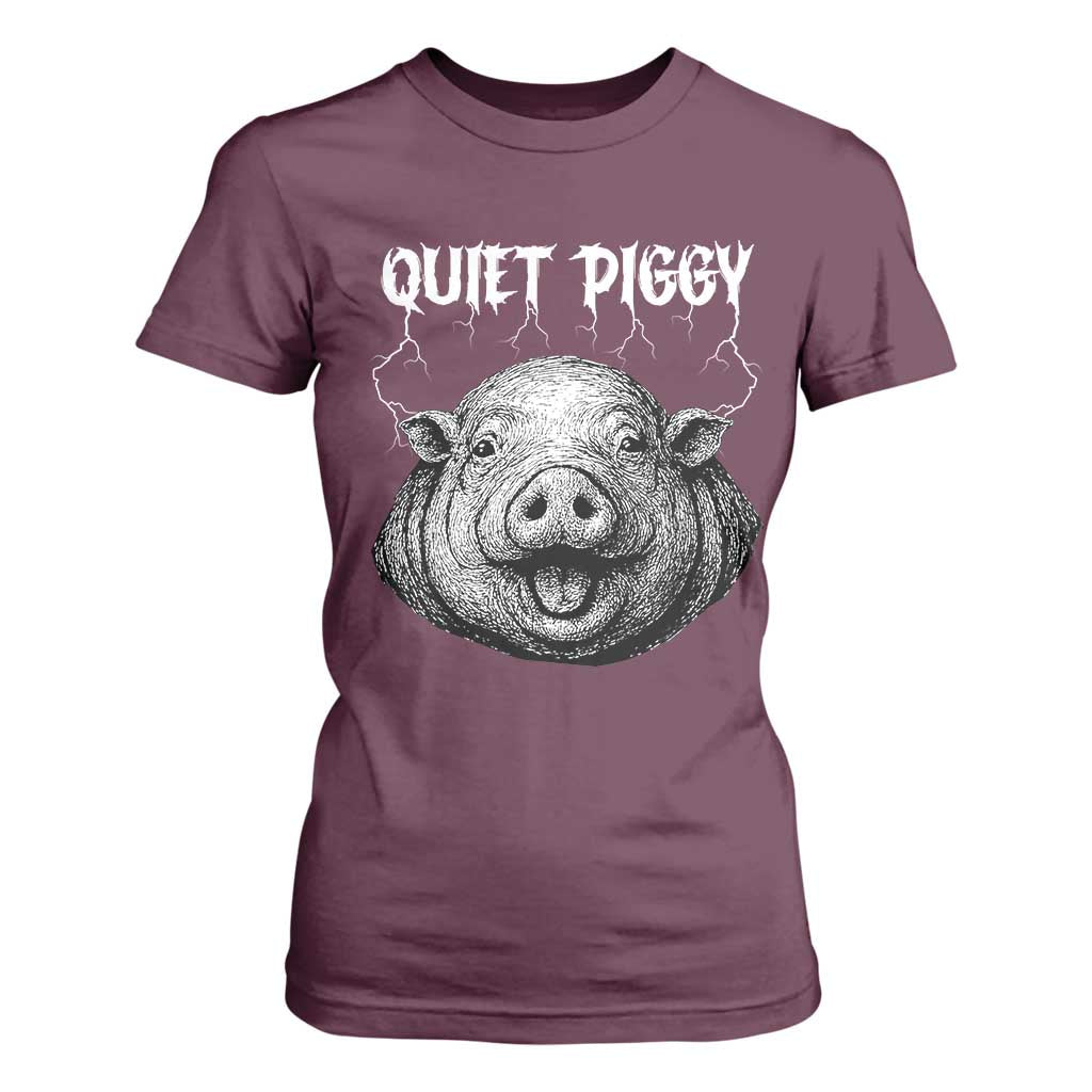 Quiet Piggy Metal Style T Shirt For Women Dark Humor Pig Political Satire Humor Rock Aesthetic TS02 Maroon Print Your Wear