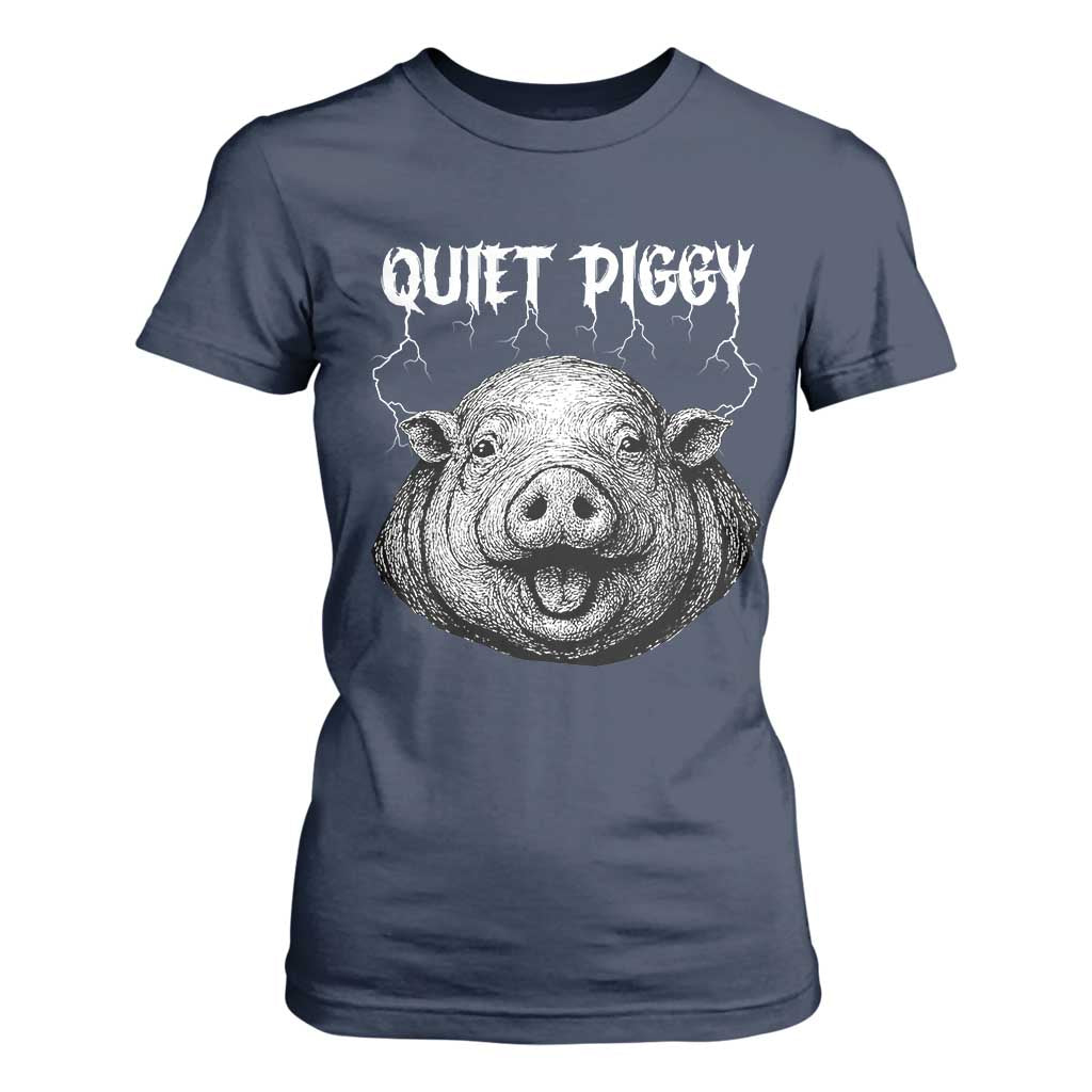 Quiet Piggy Metal Style T Shirt For Women Dark Humor Pig Political Satire Humor Rock Aesthetic TS02 Navy Print Your Wear