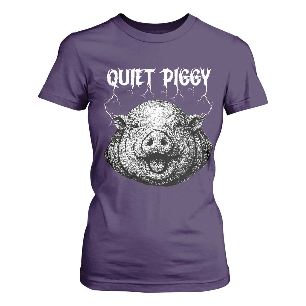 Quiet Piggy Metal Style T Shirt For Women Dark Humor Pig Political Satire Humor Rock Aesthetic TS02 Purple Print Your Wear