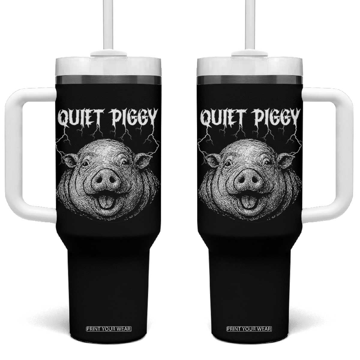 Quiet Piggy Metal Style Tumbler With Handle Dark Humor Pig Political Satire Humor Rock Aesthetic TS02 One Size: 40 oz Black Print Your Wear