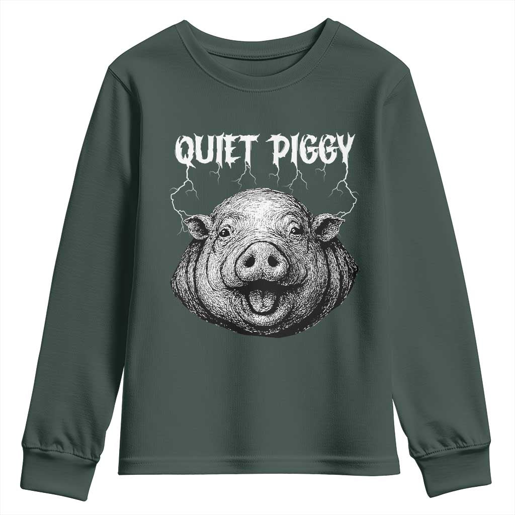 Quiet Piggy Metal Style Youth Sweatshirt Dark Humor Pig Political Satire Humor Rock Aesthetic TS02 Dark Forest Green Print Your Wear