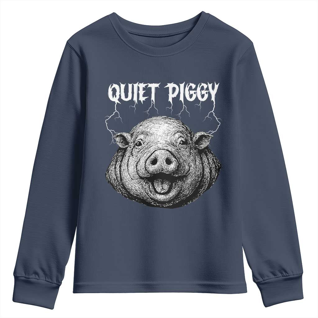 Quiet Piggy Metal Style Youth Sweatshirt Dark Humor Pig Political Satire Humor Rock Aesthetic TS02 Navy Print Your Wear