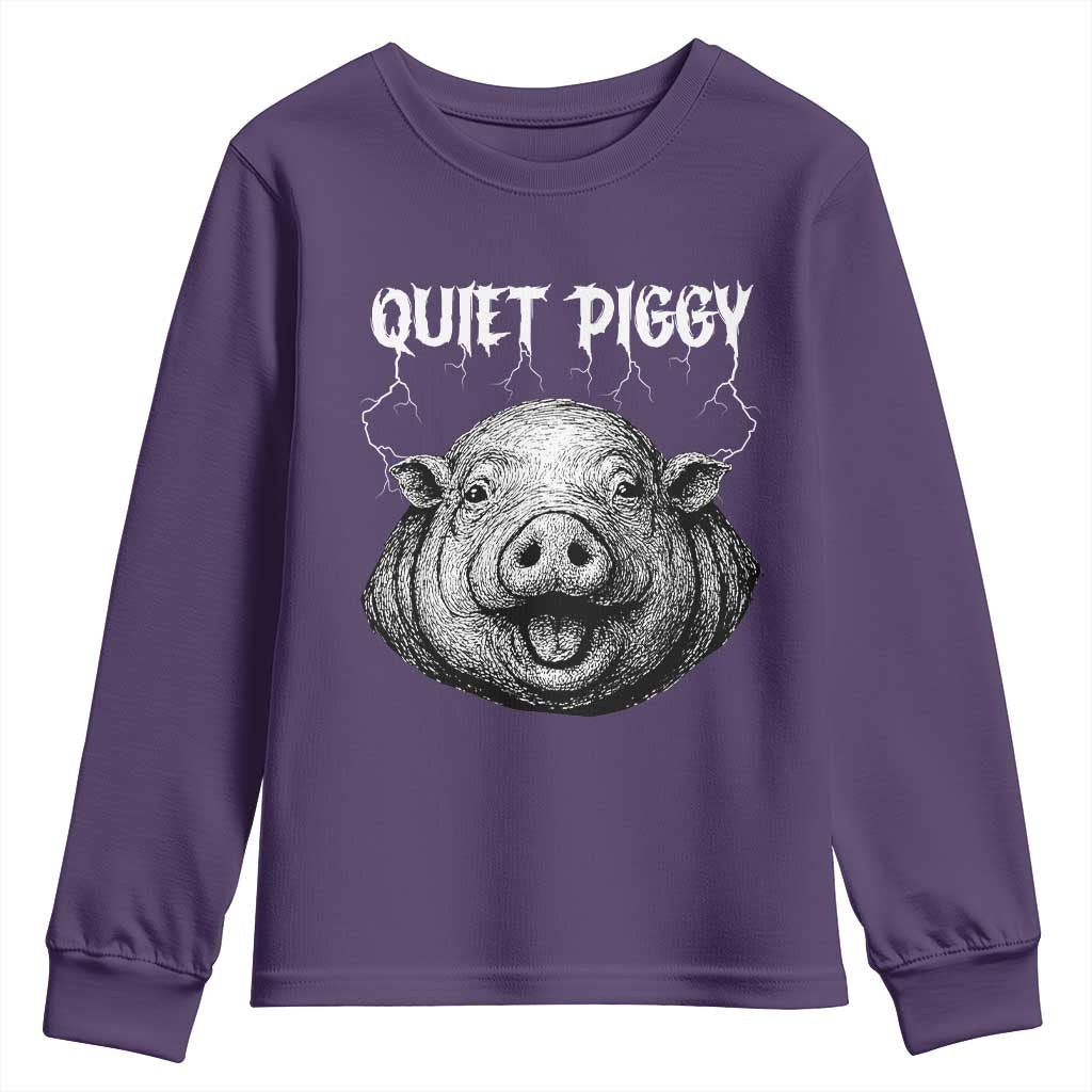 Quiet Piggy Metal Style Youth Sweatshirt Dark Humor Pig Political Satire Humor Rock Aesthetic TS02 Purple Print Your Wear