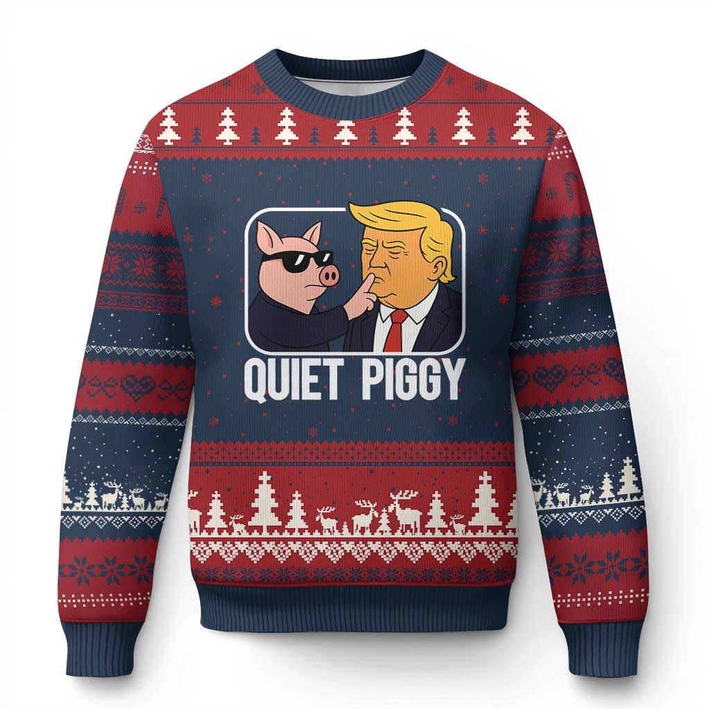 Quiet Piggy Shhh Trump Meme Ugly Christmas Sweater Sassy Pig Parody Funny Political Satire TS02 Navy Red Print Your Wear