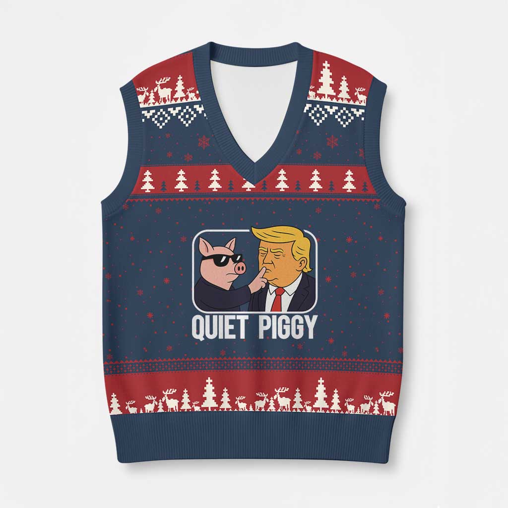 Quiet Piggy Shhh Trump Meme V-Neck Knit Sweater Vest Sassy Pig Parody Funny Political Satire TS02 Navy Red Print Your Wear