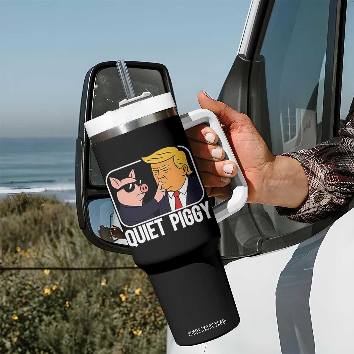 Quiet Piggy Shhh Trump Meme Tumbler With Handle Sassy Pig Parody Funny Political Satire TS02 Print Your Wear