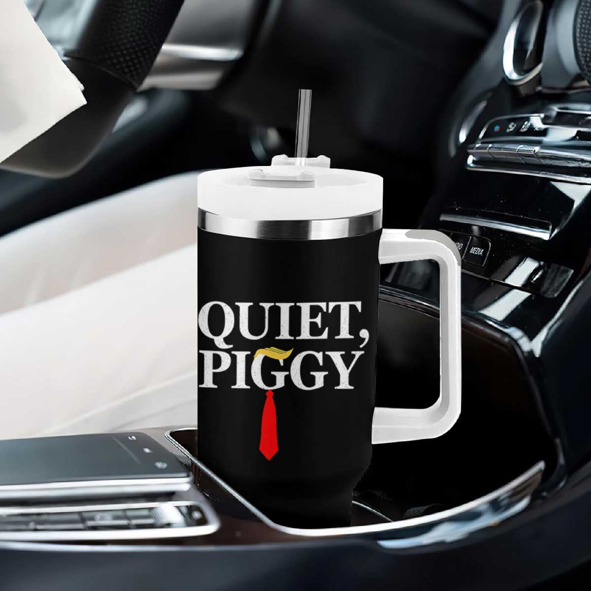 Quiet Piggy Funny Blonde Tumbler With Handle Political Satire Humor Free Speech TS02 Print Your Wear