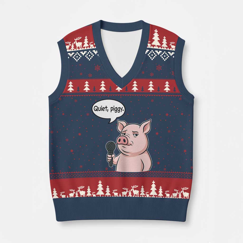 Quiet Piggy Funny Sarcastic Pig V-Neck Knit Sweater Vest Political Satire Humor Free Speech TS02 Navy Red Print Your Wear