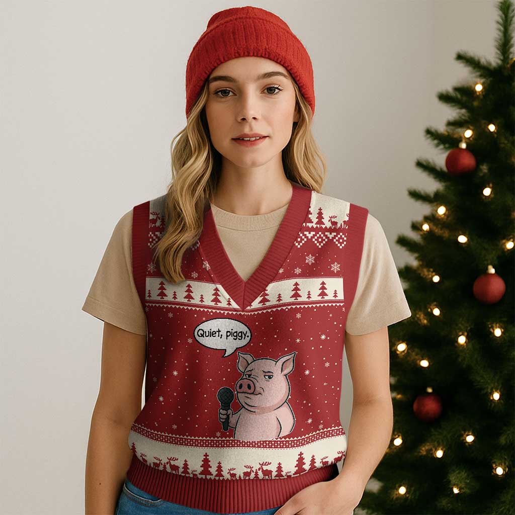 Quiet Piggy Funny Sarcastic Pig V-Neck Knit Sweater Vest Political Satire Humor Free Speech TS02 Red Beige Print Your Wear