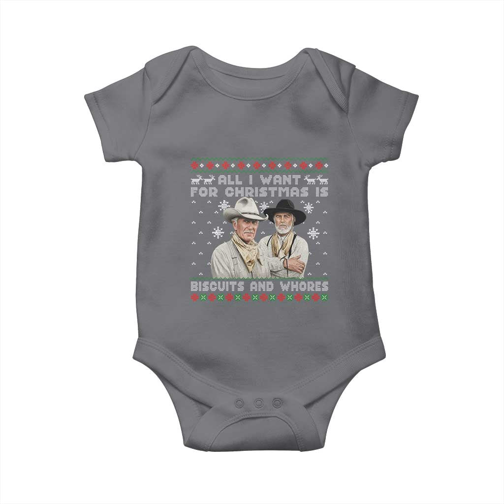 Funny Western Christmas Cowboy Humor Baby Onesie All I Want for Christmas Is Biscuits and Whores TS02 Charcoal Print Your Wear