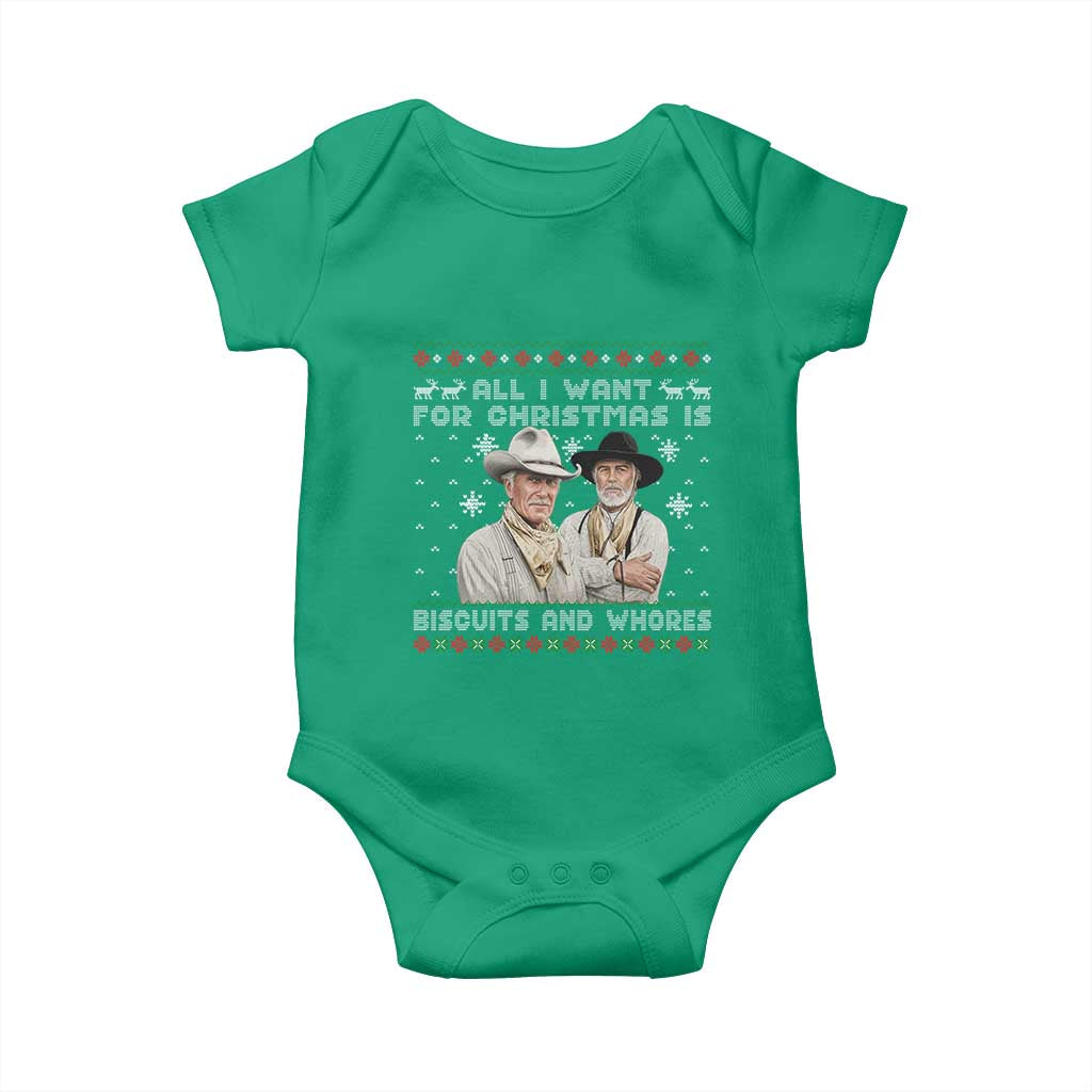 Funny Western Christmas Cowboy Humor Baby Onesie All I Want for Christmas Is Biscuits and Whores TS02 Irish Green Print Your Wear