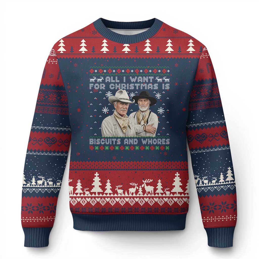 Funny Western Christmas Cowboy Humor Ugly Christmas Sweater All I Want for Christmas Is Biscuits and Whores TS02 Navy Red Print Your Wear