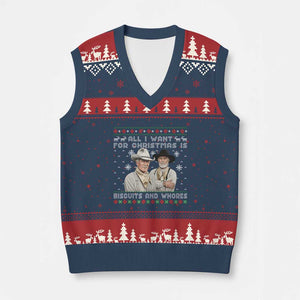 Funny Western Christmas Cowboy Humor V-Neck Knit Sweater Vest All I Want for Christmas Is Biscuits and Whores TS02 Navy Red Print Your Wear