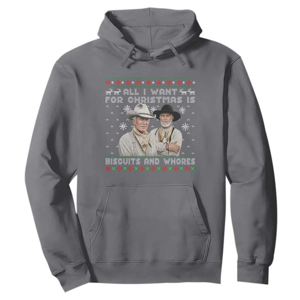 Funny Western Christmas Cowboy Humor Hoodie All I Want for Christmas Is Biscuits and Whores TS02 Charcoal Print Your Wear