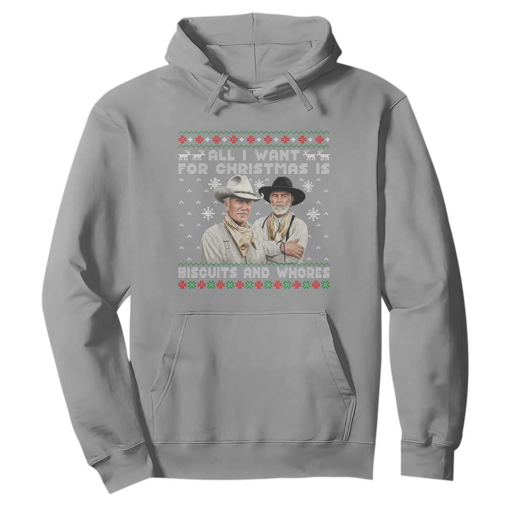 Funny Western Christmas Cowboy Humor Hoodie All I Want for Christmas Is Biscuits and Whores TS02 Sport Gray Print Your Wear