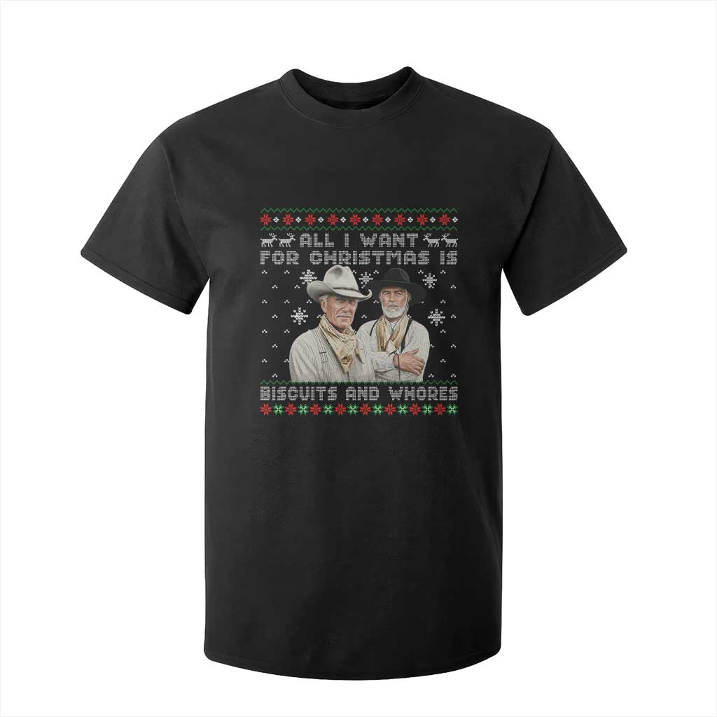 Funny Western Christmas Cowboy Humor T Shirt For Kid All I Want for Christmas Is Biscuits and Whores TS02 Black Print Your Wear