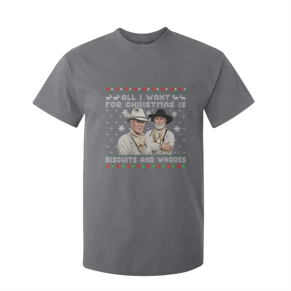 Funny Western Christmas Cowboy Humor T Shirt For Kid All I Want for Christmas Is Biscuits and Whores TS02 Charcoal Print Your Wear