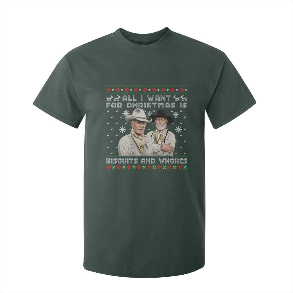 Funny Western Christmas Cowboy Humor T Shirt For Kid All I Want for Christmas Is Biscuits and Whores TS02 Dark Forest Green Print Your Wear