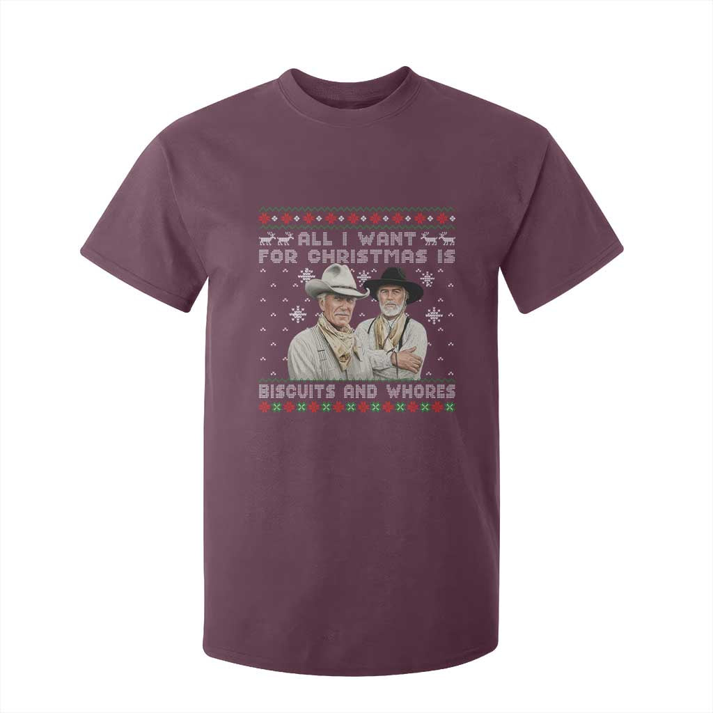 Funny Western Christmas Cowboy Humor T Shirt For Kid All I Want for Christmas Is Biscuits and Whores TS02 Maroon Print Your Wear