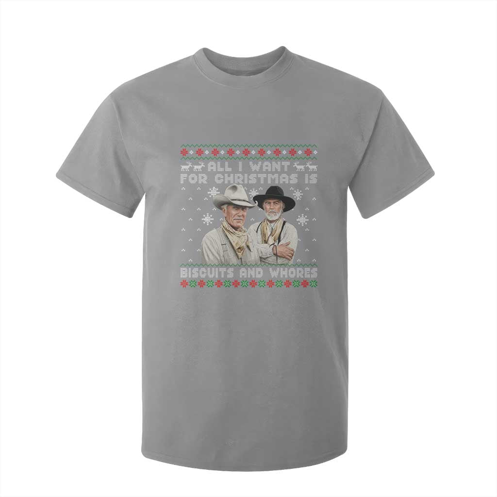 Funny Western Christmas Cowboy Humor T Shirt For Kid All I Want for Christmas Is Biscuits and Whores TS02 Sport Gray Print Your Wear