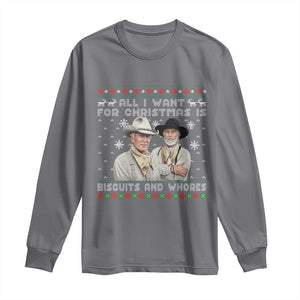 Funny Western Christmas Cowboy Humor Long Sleeve Shirt All I Want for Christmas Is Biscuits and Whores TS02 Charcoal Print Your Wear