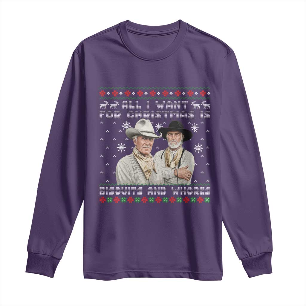 Funny Western Christmas Cowboy Humor Long Sleeve Shirt All I Want for Christmas Is Biscuits and Whores TS02 Purple Print Your Wear