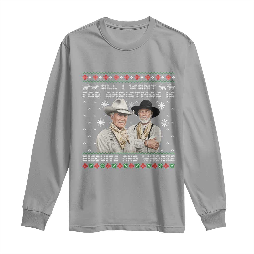 Funny Western Christmas Cowboy Humor Long Sleeve Shirt All I Want for Christmas Is Biscuits and Whores TS02 Sport Gray Print Your Wear