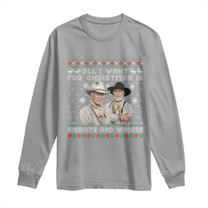 Funny Western Christmas Cowboy Humor Long Sleeve Shirt All I Want for Christmas Is Biscuits and Whores TS02 Sport Gray Print Your Wear