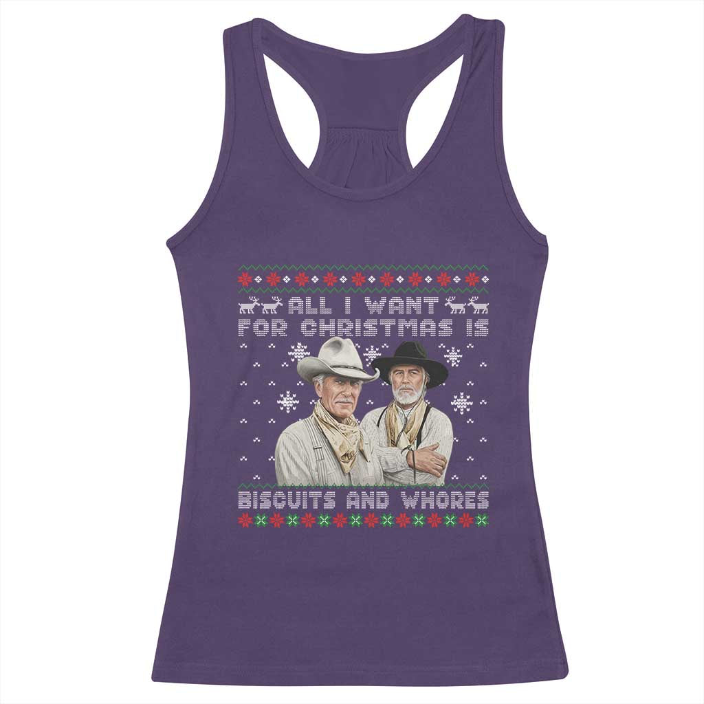 Funny Western Christmas Cowboy Humor Racerback Tank Top All I Want for Christmas Is Biscuits and Whores TS02 Purple Print Your Wear