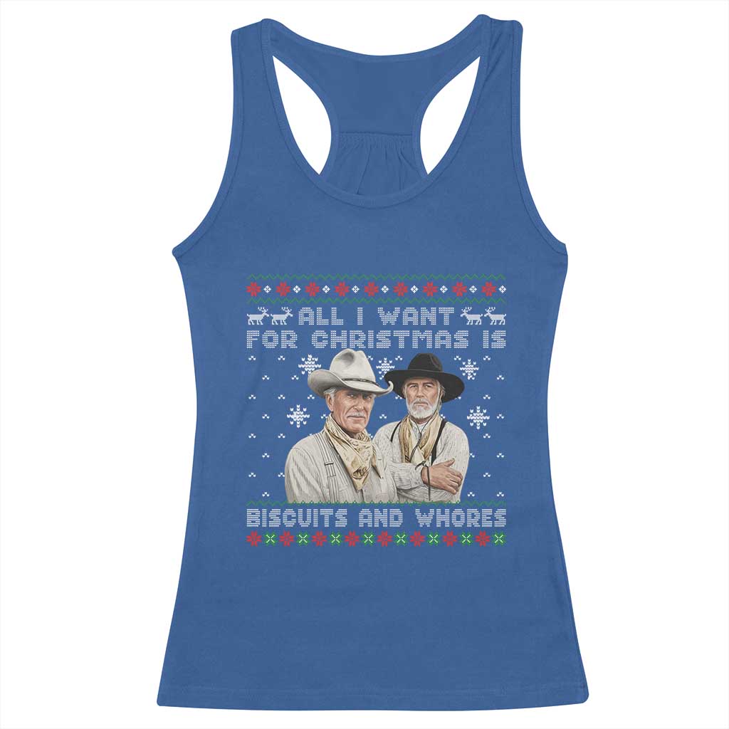 Funny Western Christmas Cowboy Humor Racerback Tank Top All I Want for Christmas Is Biscuits and Whores TS02 Royal Blue Print Your Wear