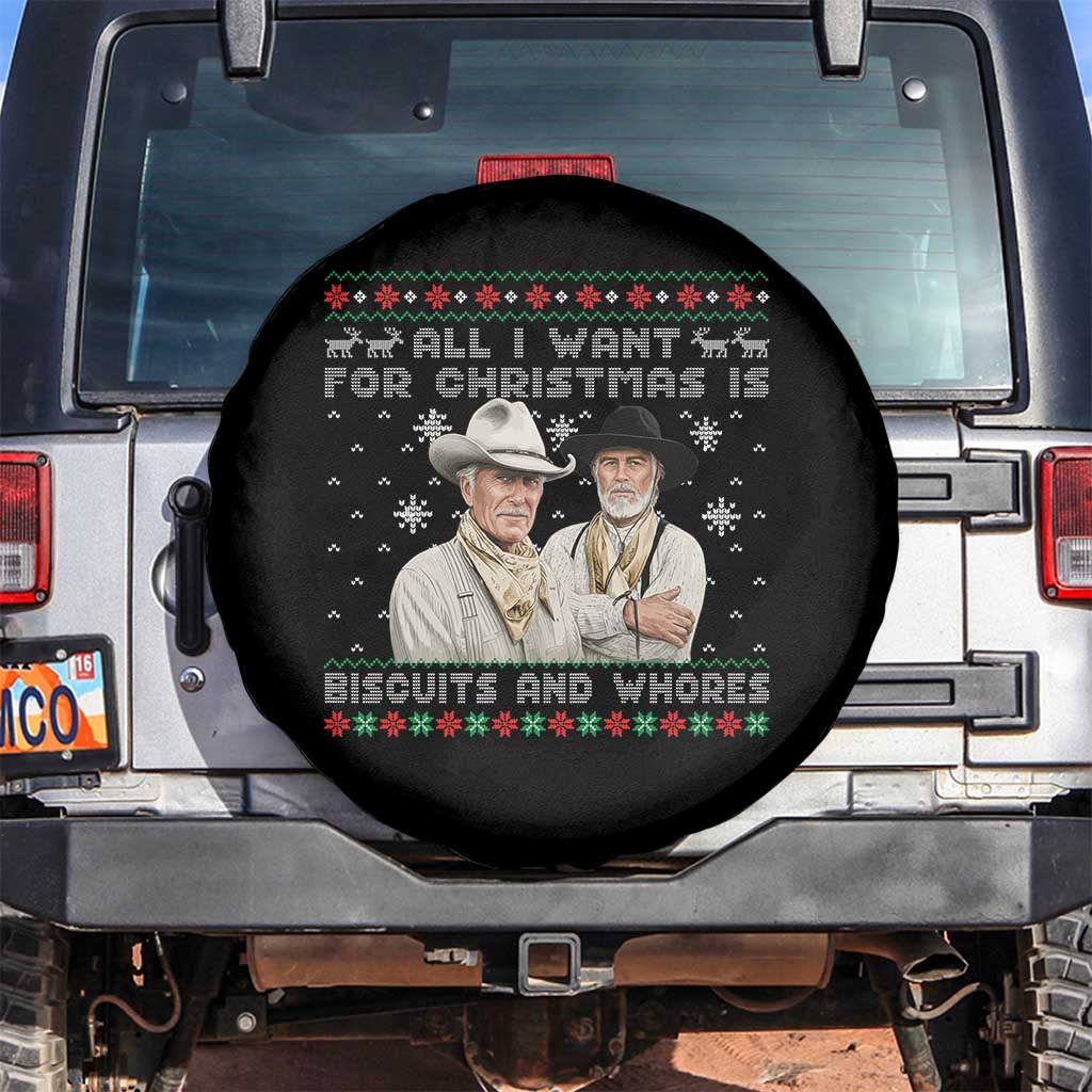 Funny Western Christmas Cowboy Humor Spare Tire Cover All I Want for Christmas Is Biscuits and Whores TS02 No hole Black Print Your Wear