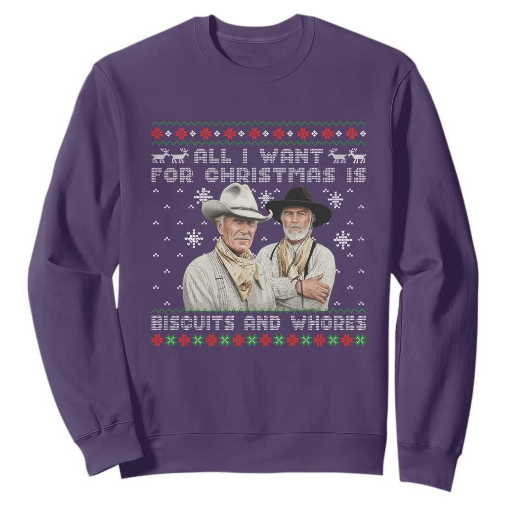 Funny Western Christmas Cowboy Humor Sweatshirt All I Want for Christmas Is Biscuits and Whores TS02 Purple Print Your Wear