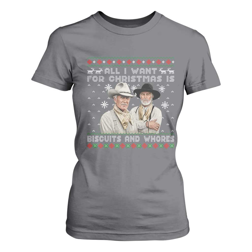 Funny Western Christmas Cowboy Humor T Shirt For Women All I Want for Christmas Is Biscuits and Whores TS02 Charcoal Print Your Wear
