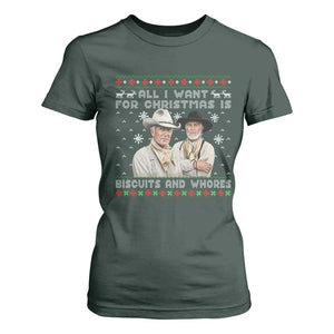 Funny Western Christmas Cowboy Humor T Shirt For Women All I Want for Christmas Is Biscuits and Whores TS02 Dark Forest Green Print Your Wear