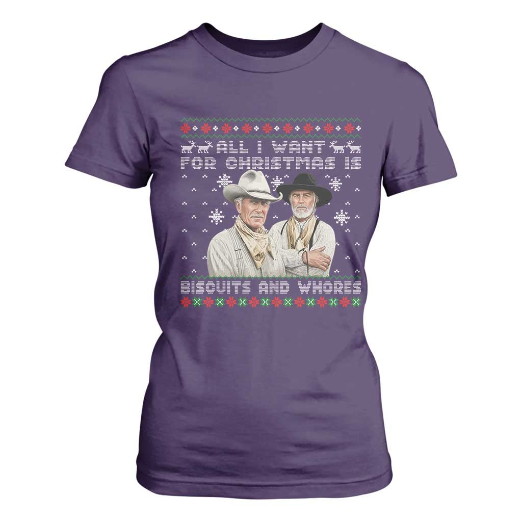 Funny Western Christmas Cowboy Humor T Shirt For Women All I Want for Christmas Is Biscuits and Whores TS02 Purple Print Your Wear